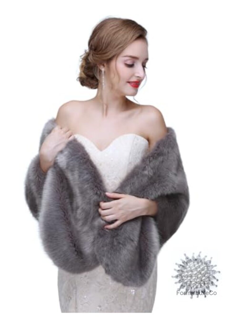 Faux Fur Bridal Wrap Wedding Stole Shrug with Brooch Evening Party Cape